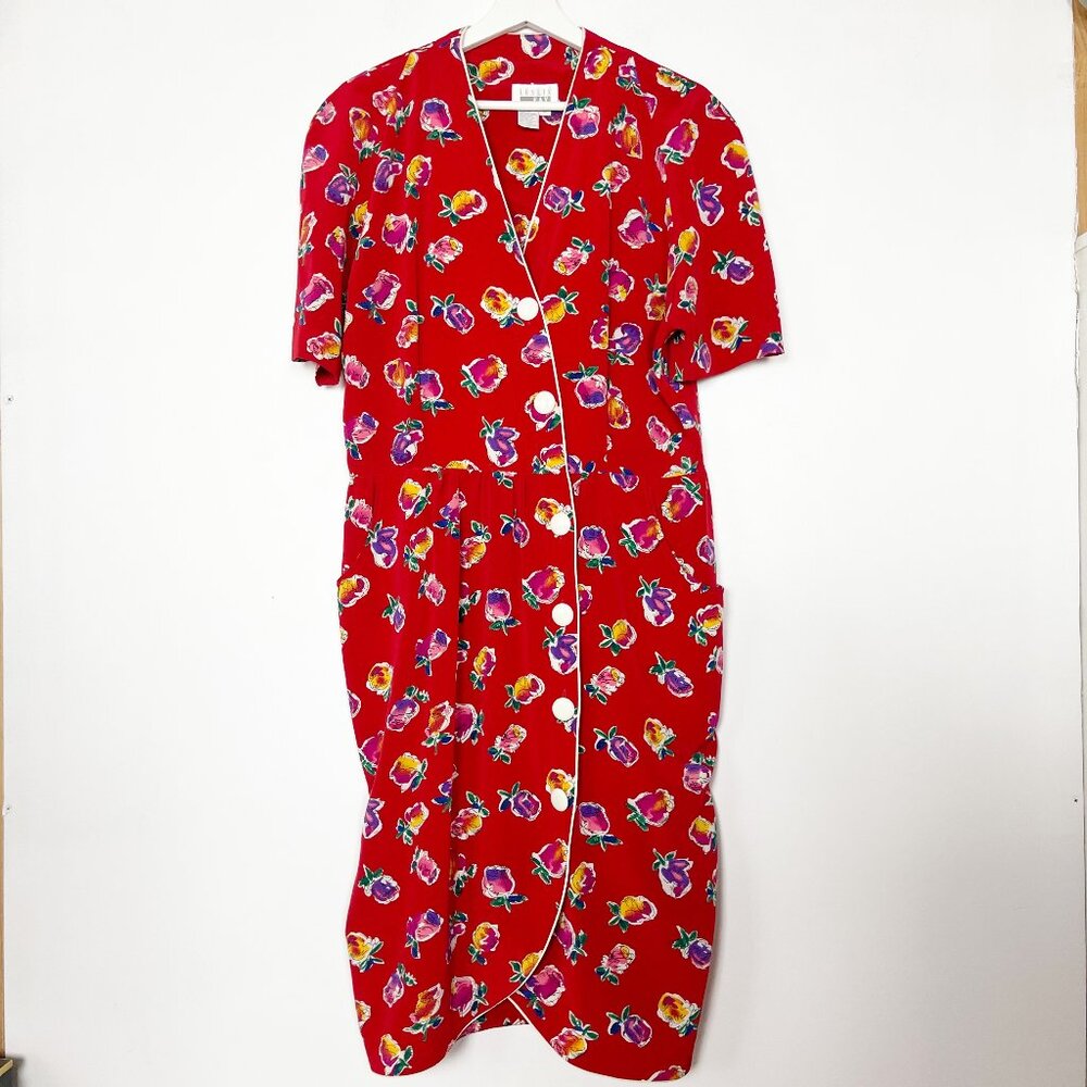 Leslie Faye Dress Size 12 Red Floral Button down pockets Vintage